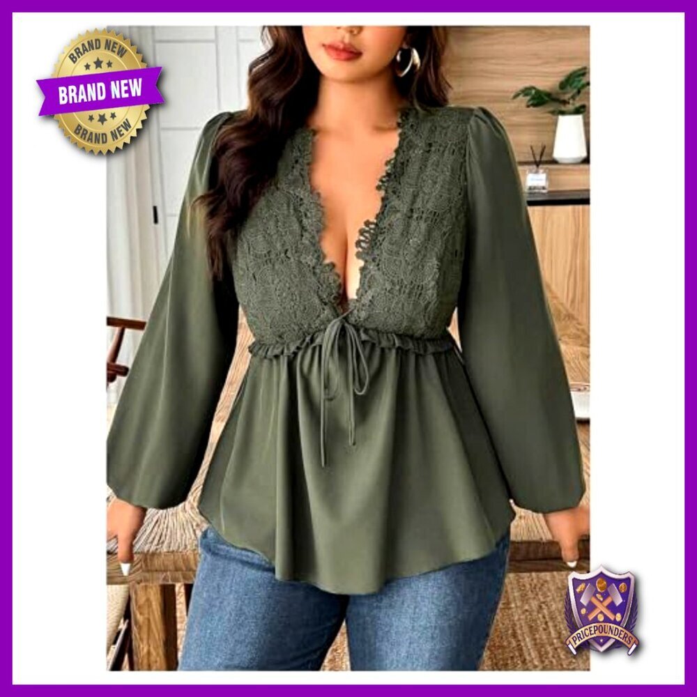 Plus Size Lace Blouse Deep V Neck Long Sleeve Peplum Ruffle Hem Tops - Picture 5 of 5